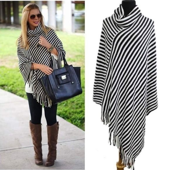 Sweaters - Beautiful black and white stripe poncho